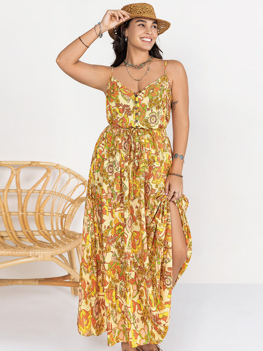 Plus Size Boho Printed V-Neck Maxi Cami Dress Dress Krazy Heart Designs Boutique Gold 0XL