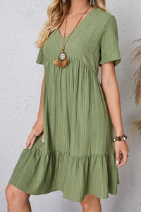 Full Size Ruched V-Neck Short Sleeve Dress (7 Colors) Dress Krazy Heart Designs Boutique Matcha Green S 