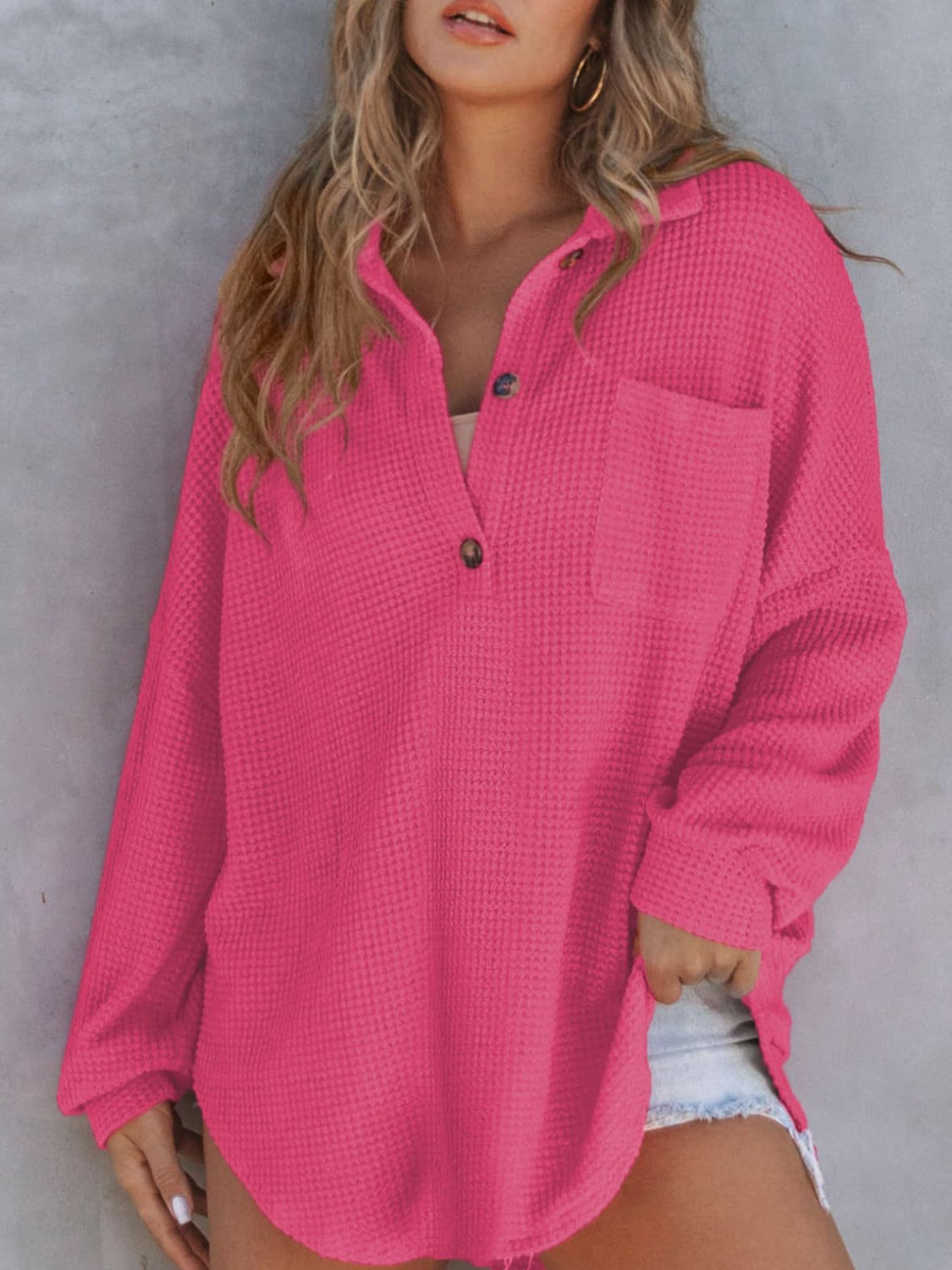 Waffle-Knit Dropped Shoulder Long Sleeve Sweatshirt (5 Colors) Shirts & Tops Krazy Heart Designs Boutique Deep Rose S 