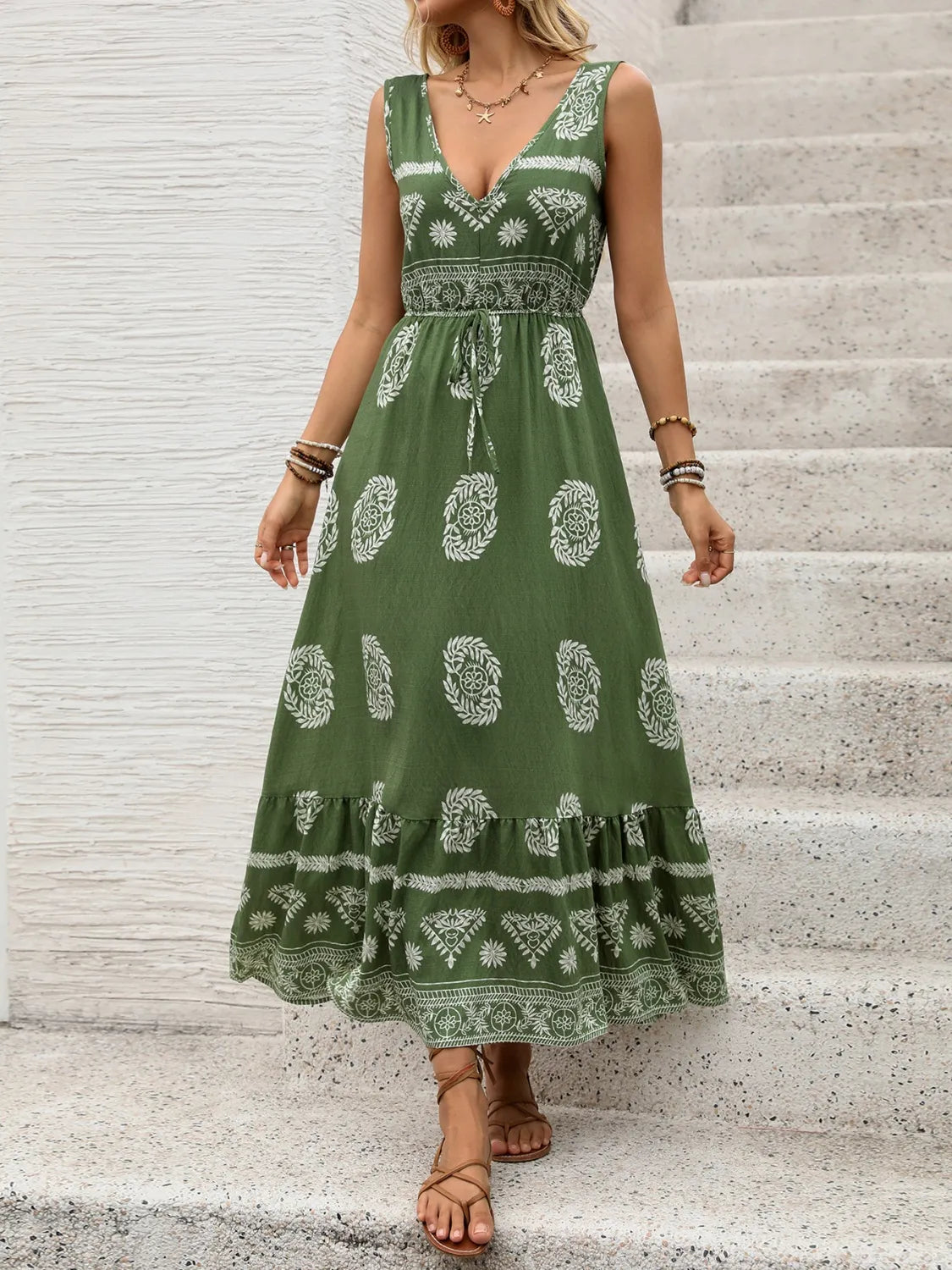 Pattern Printed V-Neck Sleeveless Dress Dress Krazy Heart Designs Boutique
