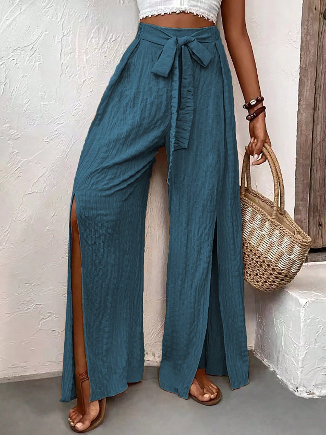 Boho Honey Tied Slit Wide Leg Pants (2 Colors) pants Krazy Heart Designs Boutique