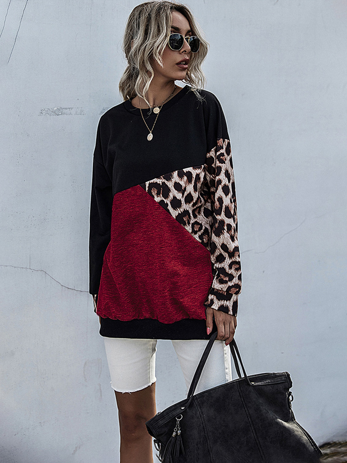 Perfee Leopard Contrast Color Long Sleeve Sweatshirt Shirts & Tops Krazy Heart Designs Boutique   