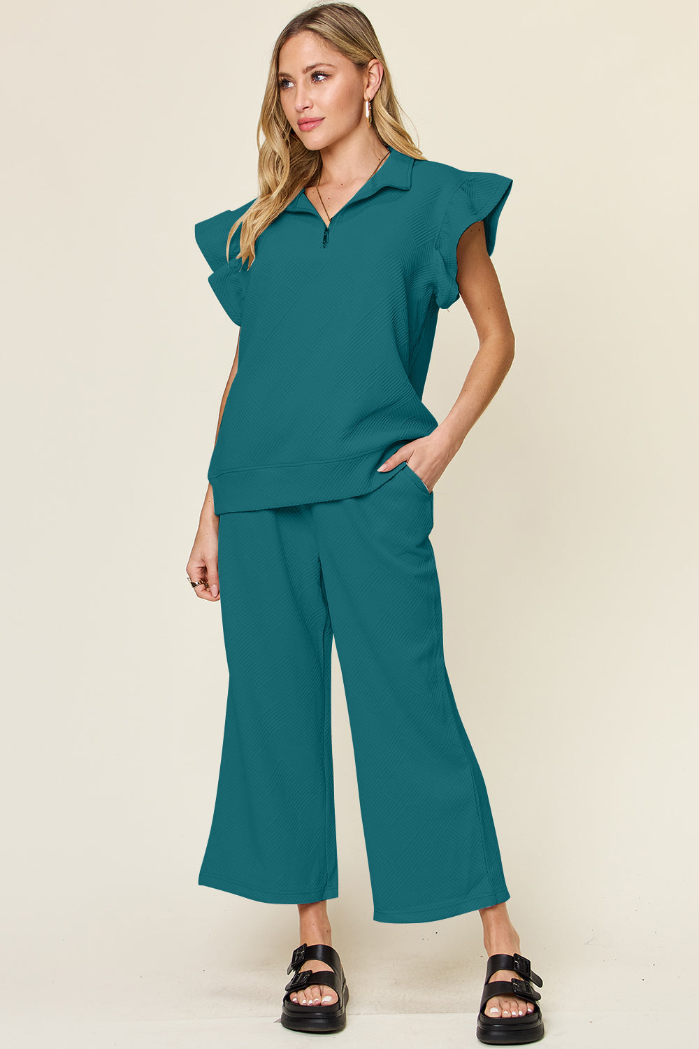 Double Take Texture Ruffle Short Sleeve Top and Drawstring Wide Leg Pants Set (12 Colors) pantsuit Krazy Heart Designs Boutique Deep Teal S