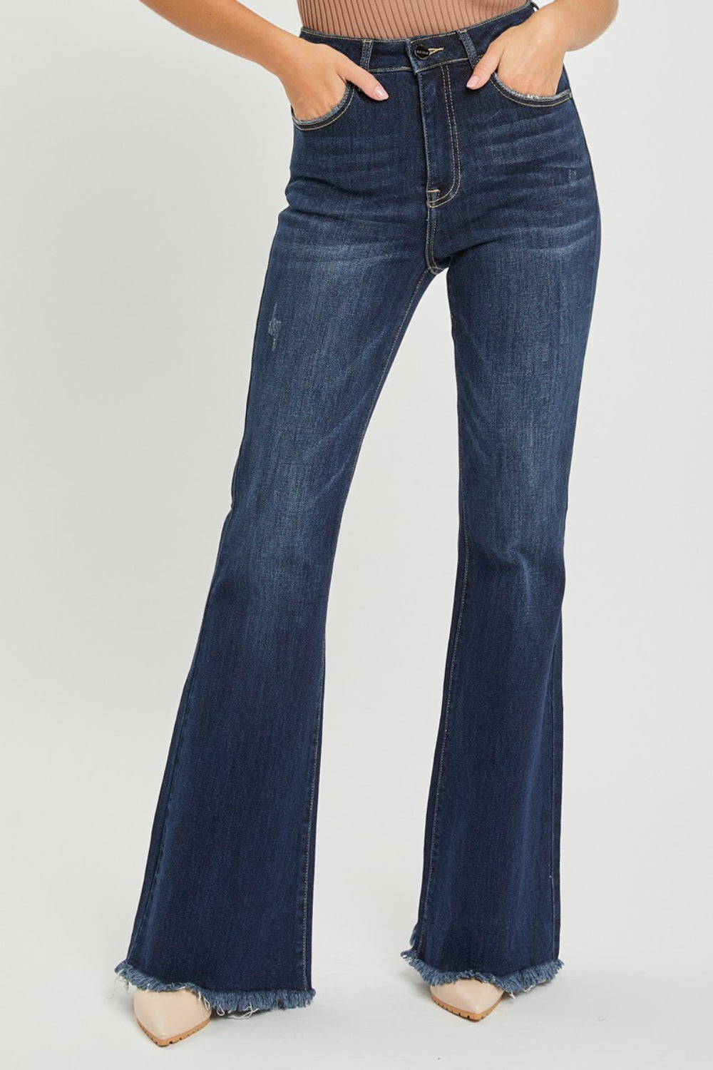 RISEN High Waist Raw Hem Flare Jeans pants Krazy Heart Designs Boutique DARK 0 