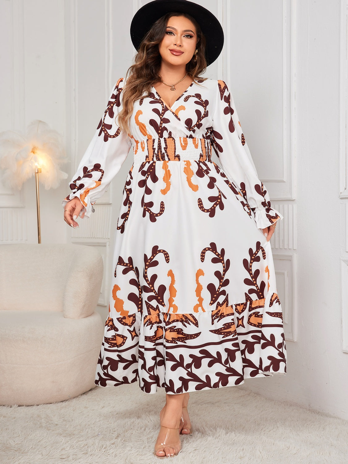 Honey Plus Size Printed Surplice Flounce Sleeve Dress Dress Krazy Heart Designs Boutique White 1XL 