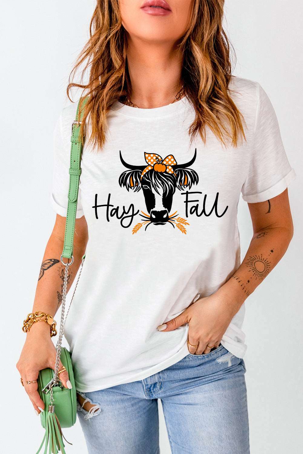 HAY FALL Bull Graphic Short Sleeve Tee  Krazy Heart Designs Boutique White S 
