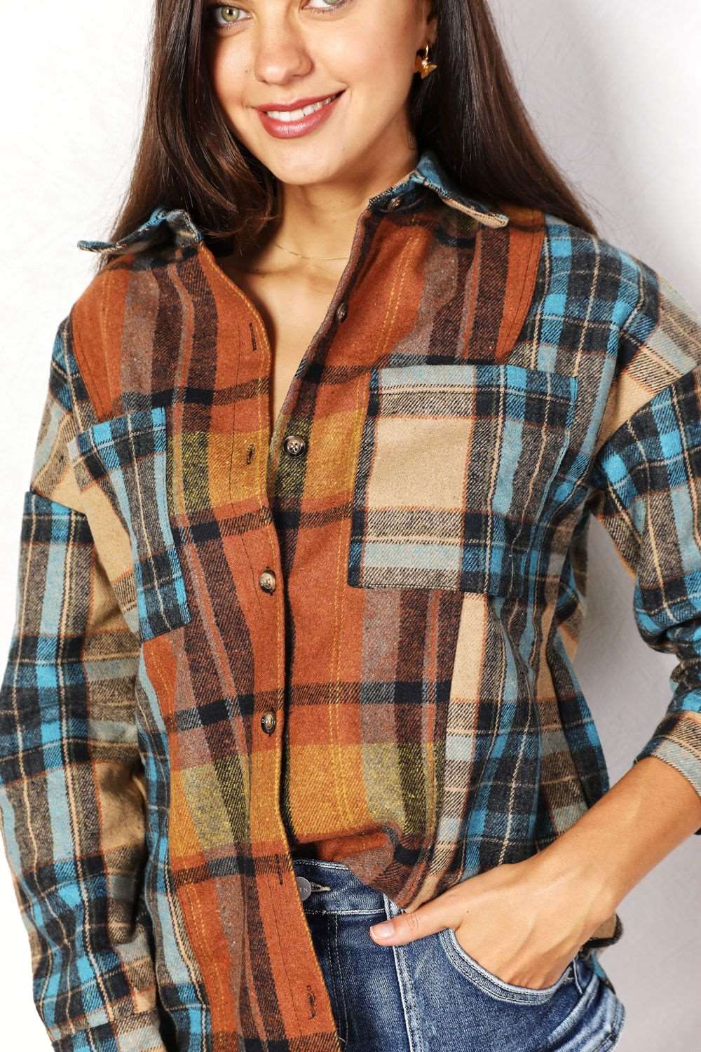 Double Take Plaid Curved Hem Shirt Jacket with Breast Pockets  Krazy Heart Designs Boutique   