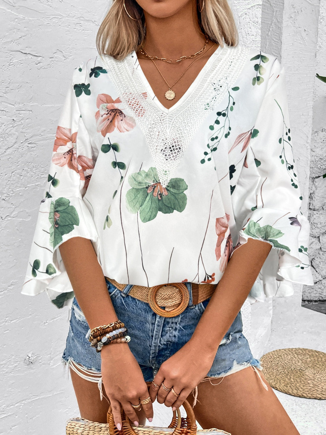 Honey Ruffled Printed V-Neck Half Sleeve Blouse (4 Print Colors) Shirts & Tops Krazy Heart Designs Boutique   