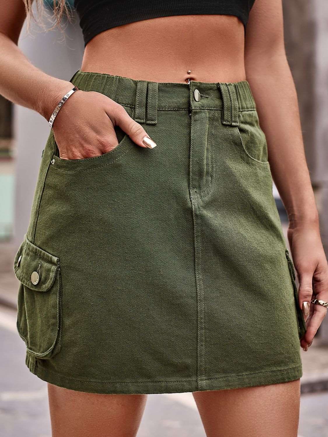 Denim Mini Skirt with Pockets (3 Colors)  Krazy Heart Designs Boutique Army Green S 