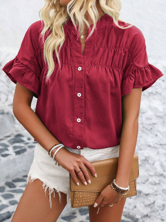 Button Down Ruffled Short Sleeve Shirt (7 Colors) Shirts & Tops Krazy Heart Designs Boutique Deep Red S