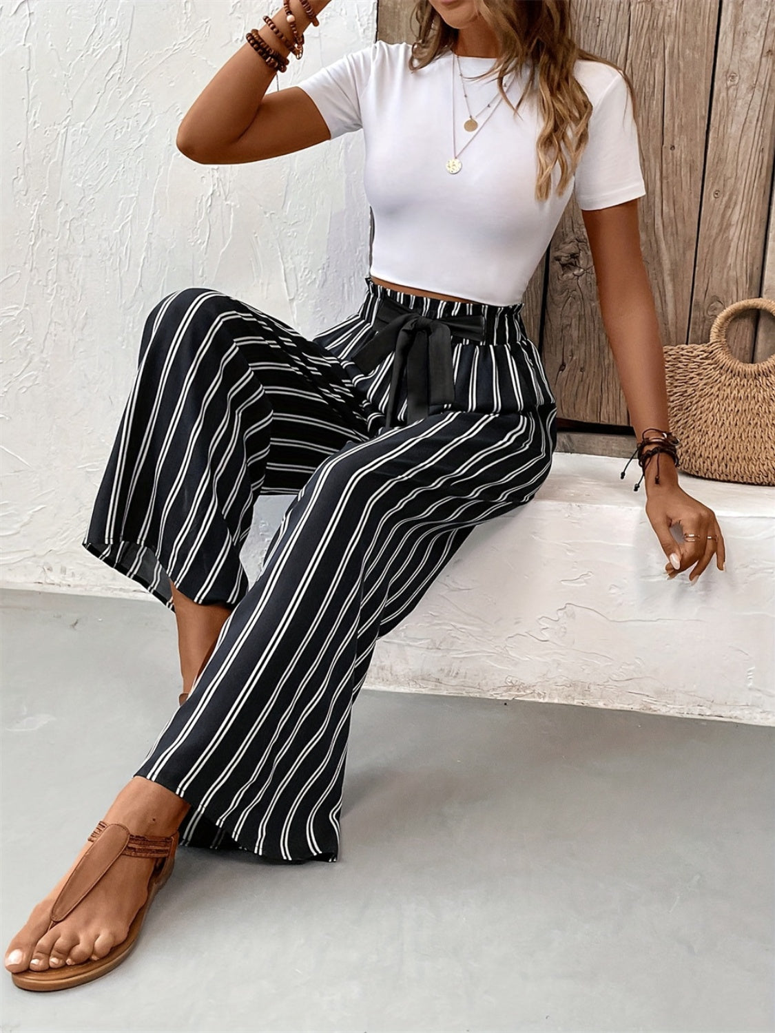 Striped High Waist Wide Leg Pants pants Krazy Heart Designs Boutique