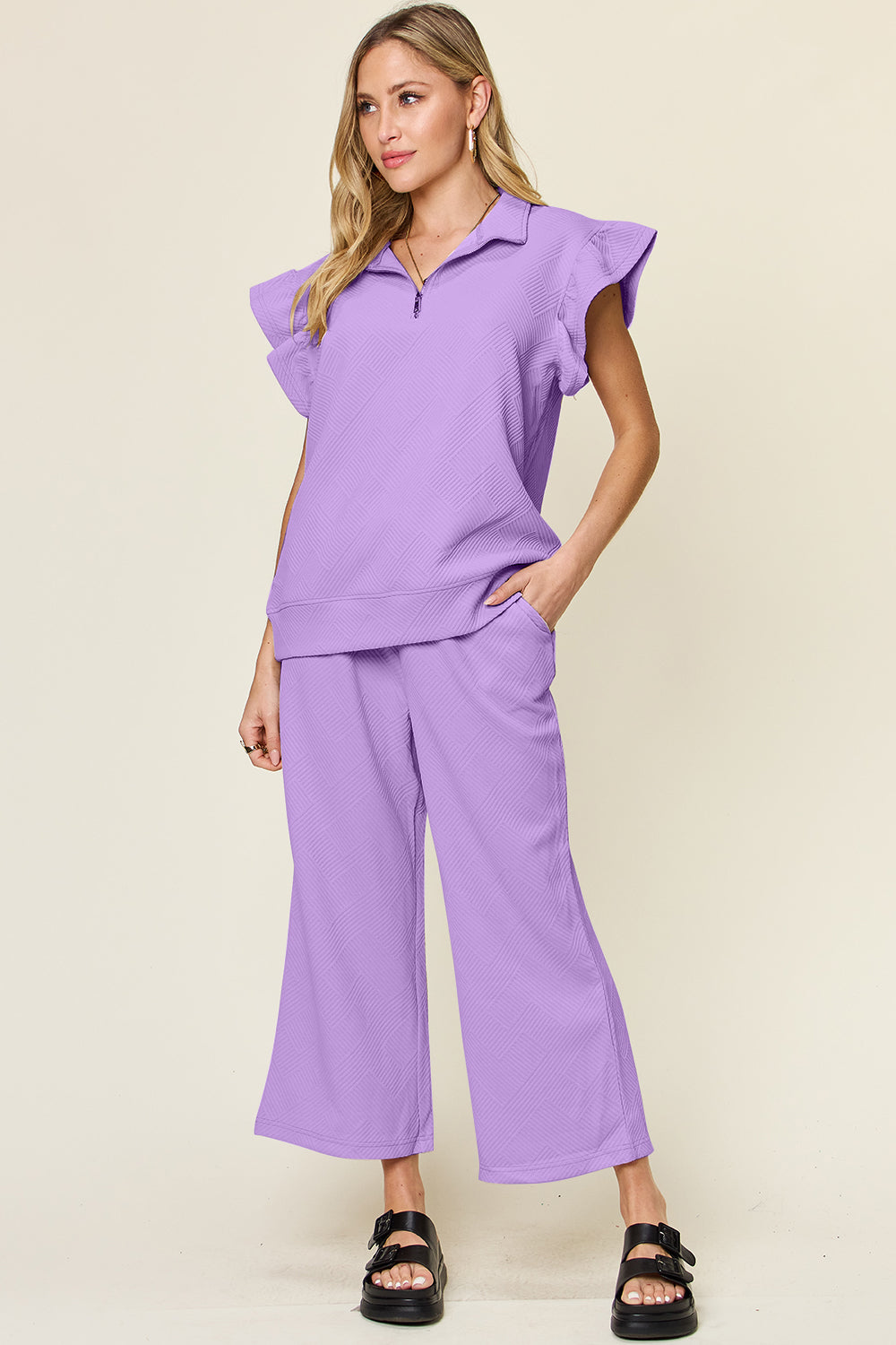 Double Take Texture Ruffle Short Sleeve Top and Drawstring Wide Leg Pants Set (12 Colors) pantsuit Krazy Heart Designs Boutique Lavender S