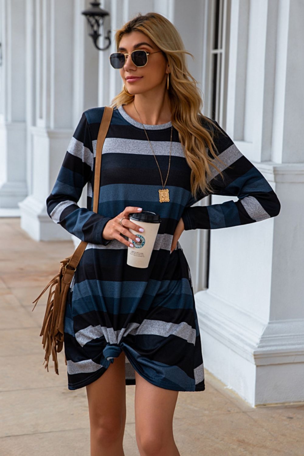 Striped Round Neck Long Sleeve Dress (4 Colors) Dress Krazy Heart Designs Boutique   