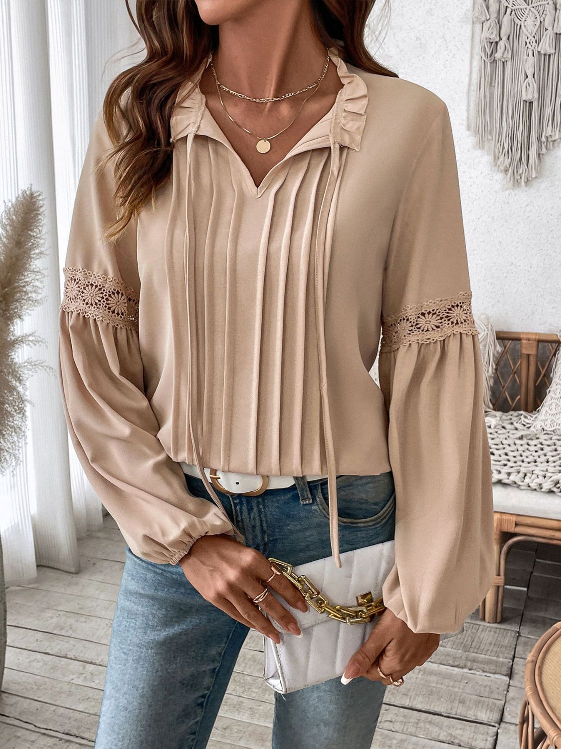 Perfee Frill Tie Neck Long Sleeve Blouse Shirts & Tops Krazy Heart Designs Boutique   