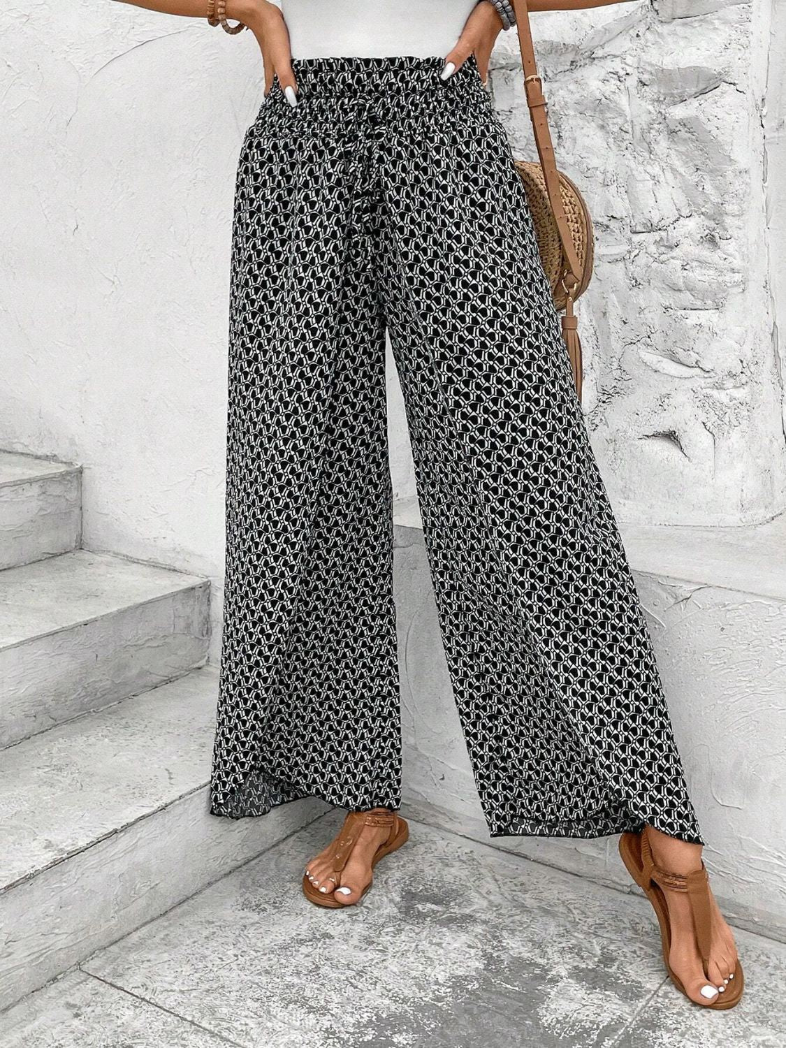 Tied Printed Wide Leg Pants (5 Colors) pants Krazy Heart Designs Boutique Black S