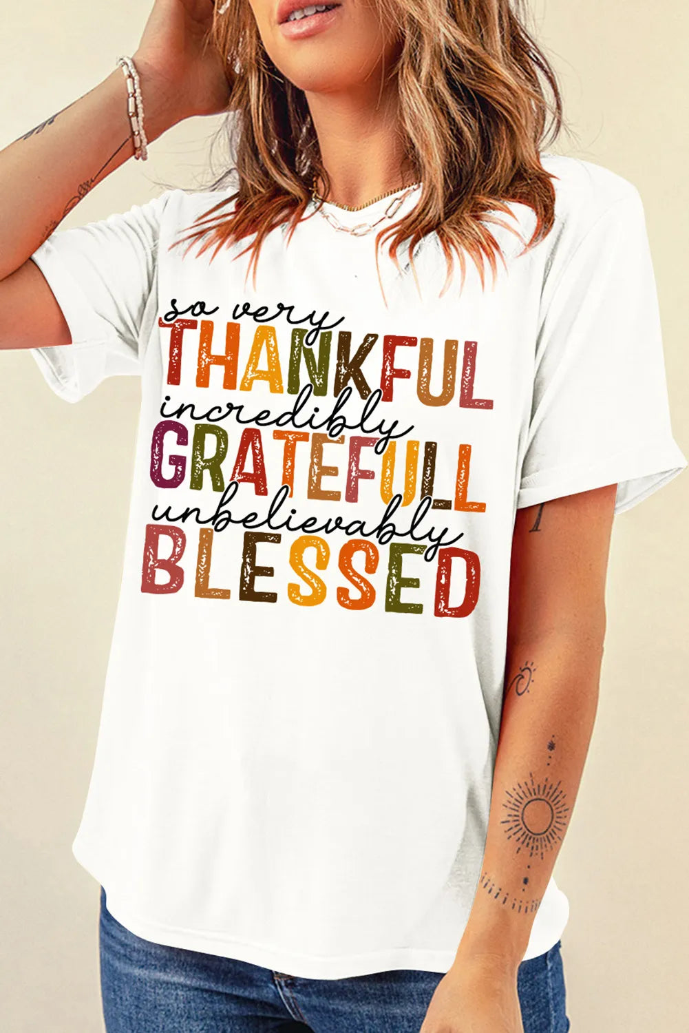 Thankful Grateful Blessed Round Neck Short Sleeve Tee Shirts & Tops Krazy Heart Designs Boutique White S 