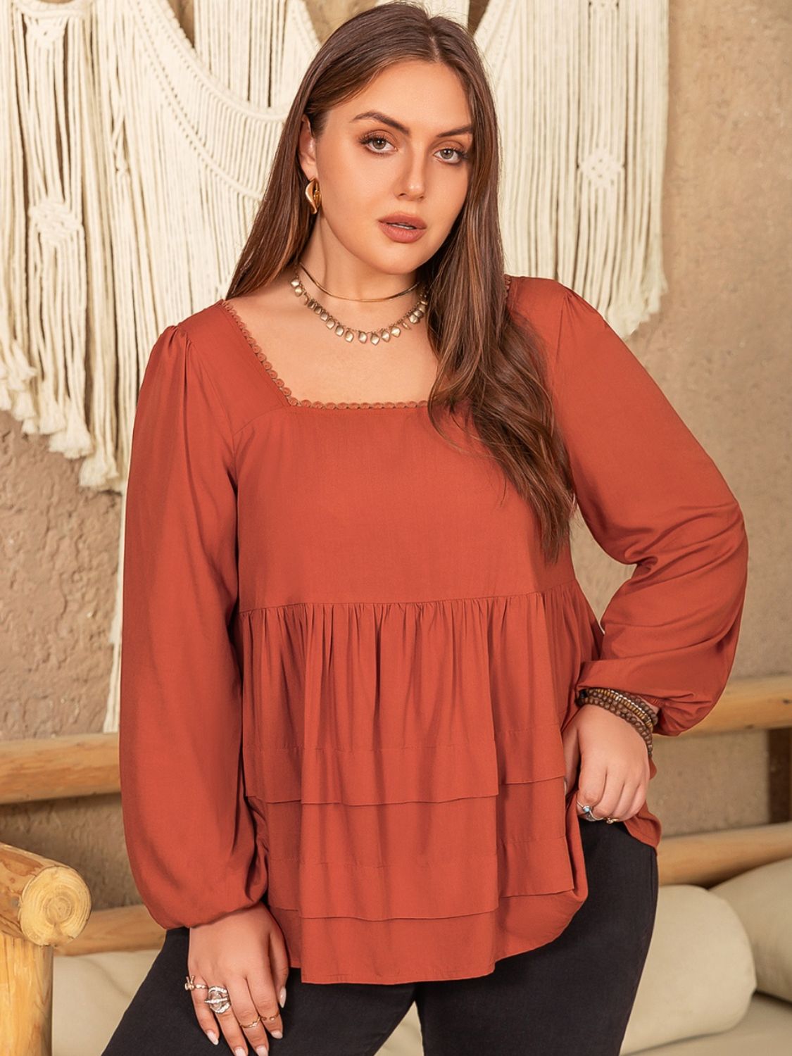 Plus Size Lace Detail Square Neck Long Sleeve Blouse Shirts & Tops Krazy Heart Designs Boutique Terracotta 0XL 