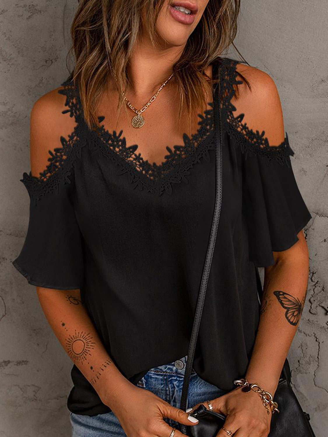 Lace Detail V-Neck Half Sleeve Blouse (2 Colors) Shirts & Tops Krazy Heart Designs Boutique Black S 