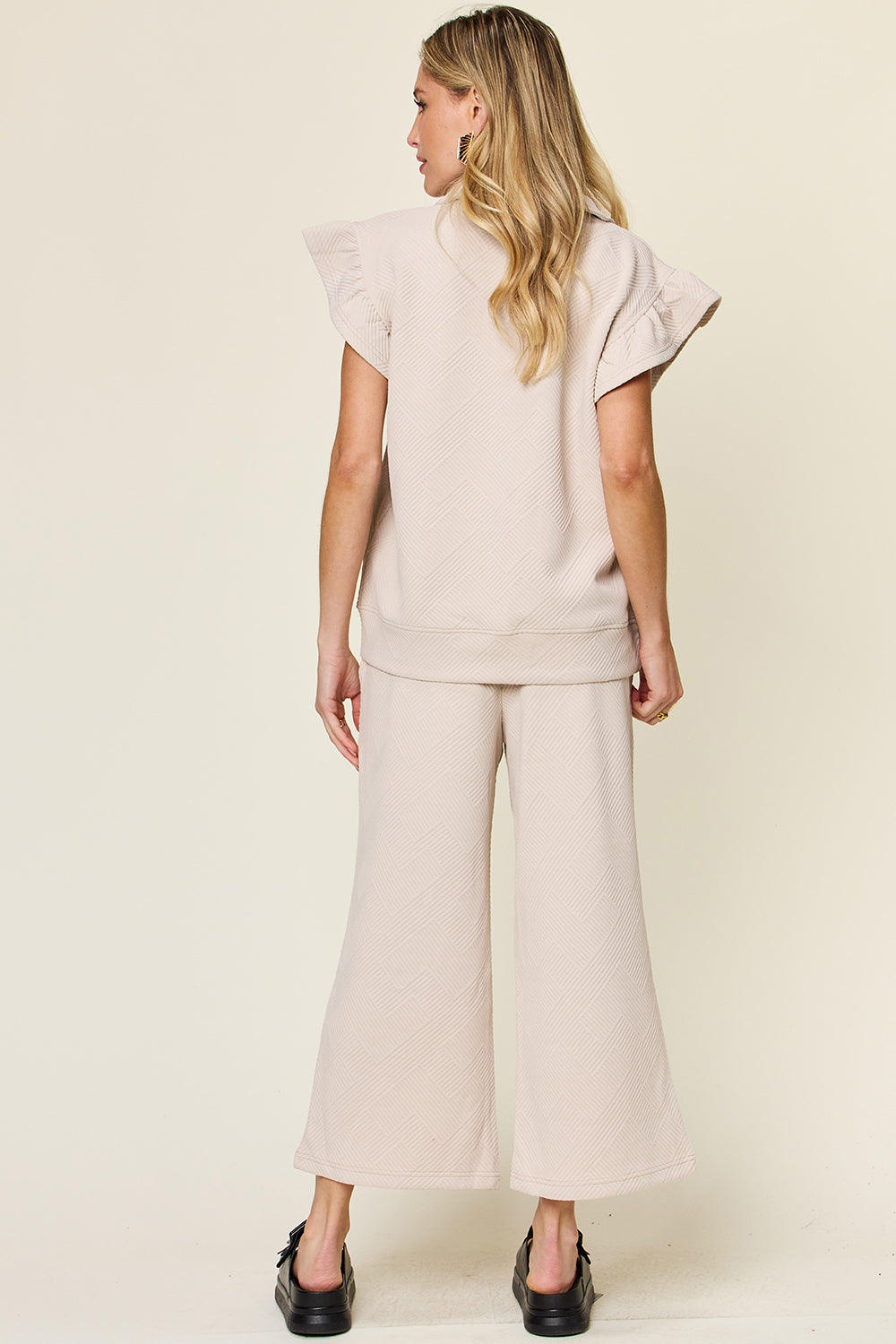 Double Take Texture Ruffle Short Sleeve Top and Drawstring Wide Leg Pants Set (12 Colors)