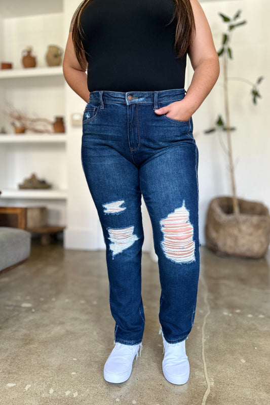 Judy Blue Full Size High Waist Rigid Magic Heavy Destroy Straight Jeans pant Krazy Heart Designs Boutique Dark 0/24 