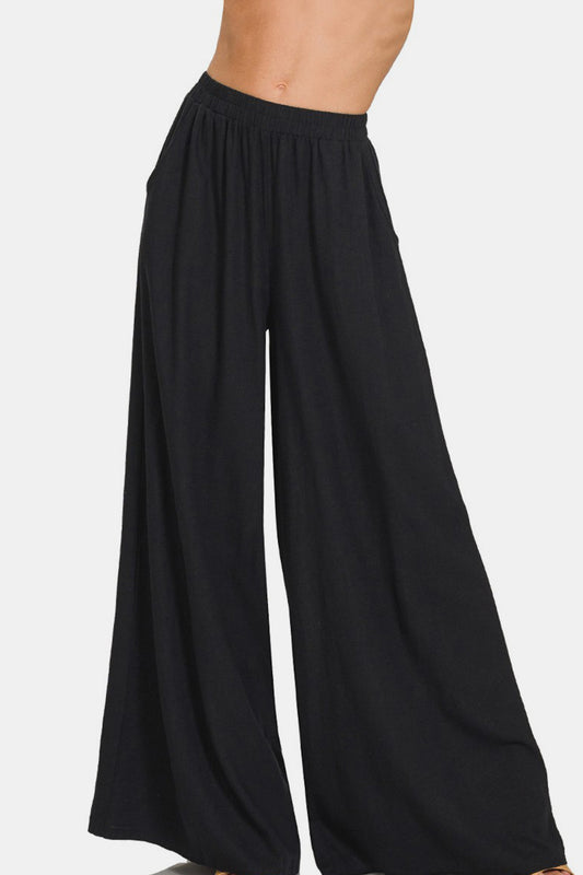 Zenana Pleated Linen Blend Wide Leg Pants pants Krazy Heart Designs Boutique Black S