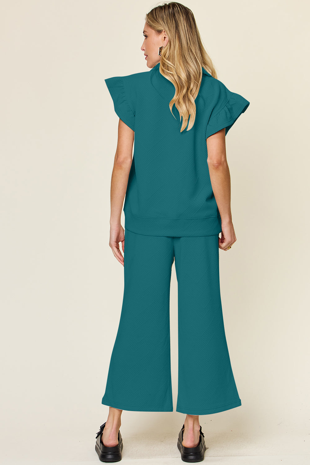 Double Take Texture Ruffle Short Sleeve Top and Drawstring Wide Leg Pants Set (12 Colors) pantsuit Krazy Heart Designs Boutique