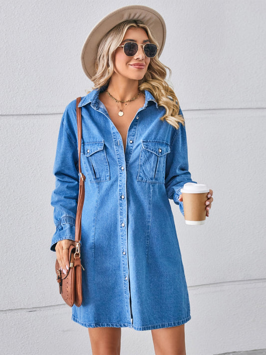 Pocketed Dropped Shoulder Mini Denim Dress (2 Colors) Dress Krazy Heart Designs Boutique Dusty Blue S 