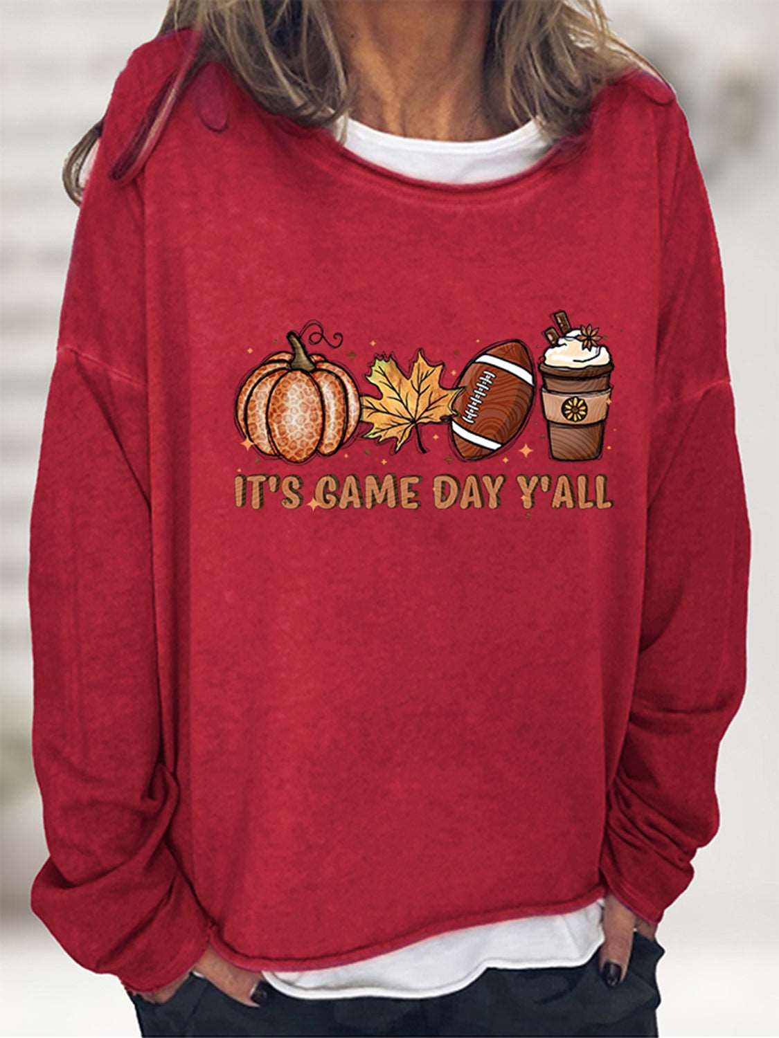 Full Size IT'S GAME DAY Y'ALL Graphic Sweatshirt (5 Colors)  Krazy Heart Designs Boutique Brick Red S 