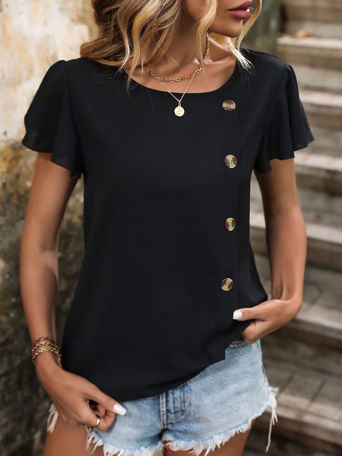 Decorative Button Round Neck Short Sleeve Blouse Shirts & Tops Krazy Heart Designs Boutique Black S 