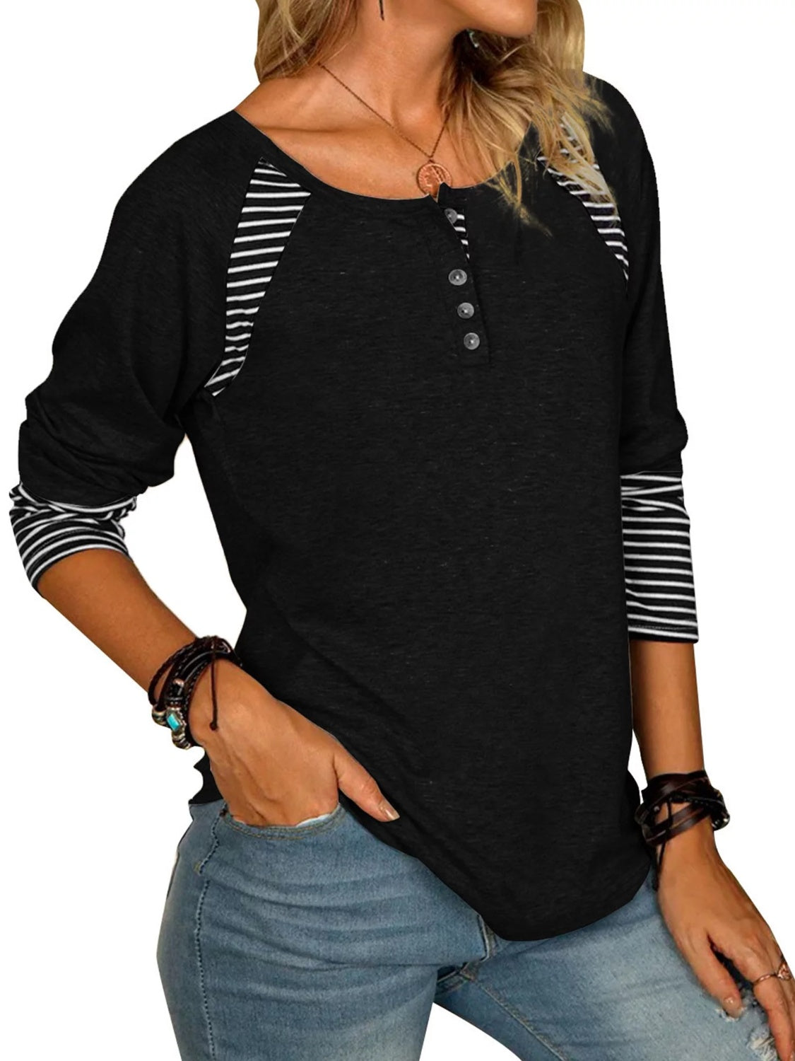 Full Size Striped Quarter Button Long Sleeve Top (6 Colors) Shirts & Tops Krazy Heart Designs Boutique   