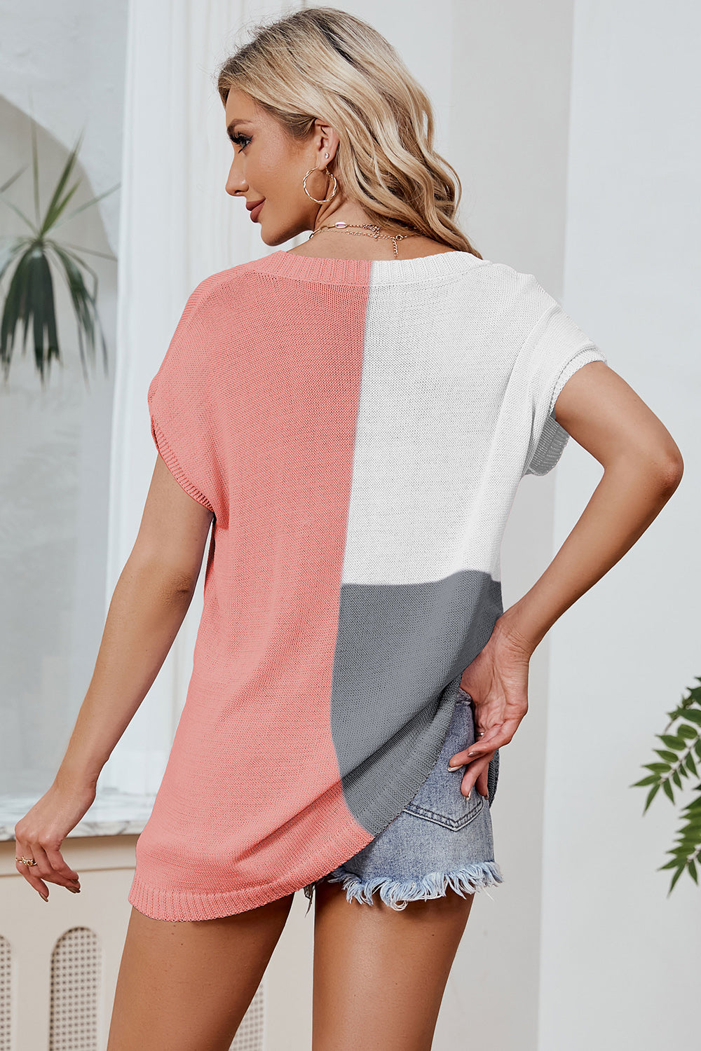 Color Block V-Neck Short Sleeve Knit Top (8 Colors) Shirts & Tops Krazy Heart Designs Boutique