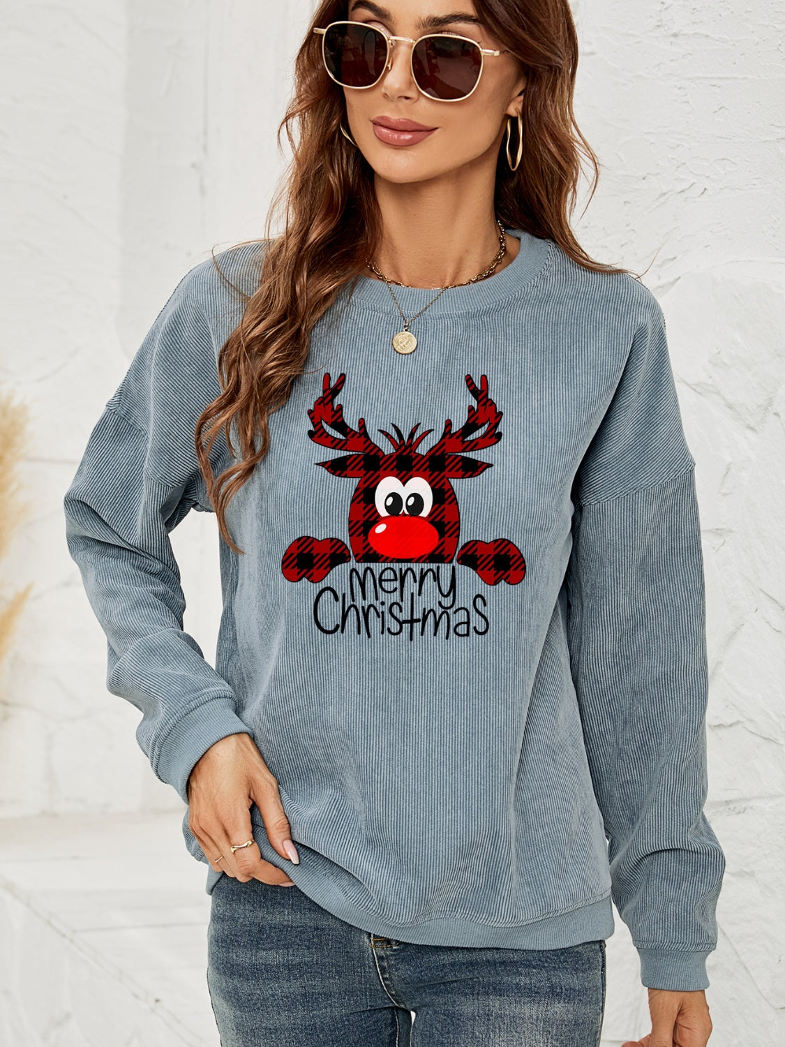 MERRY CHRISTMAS Reindeer Ribbed Sweatshirt Shirts & Tops Krazy Heart Designs Boutique Misty  Blue S 