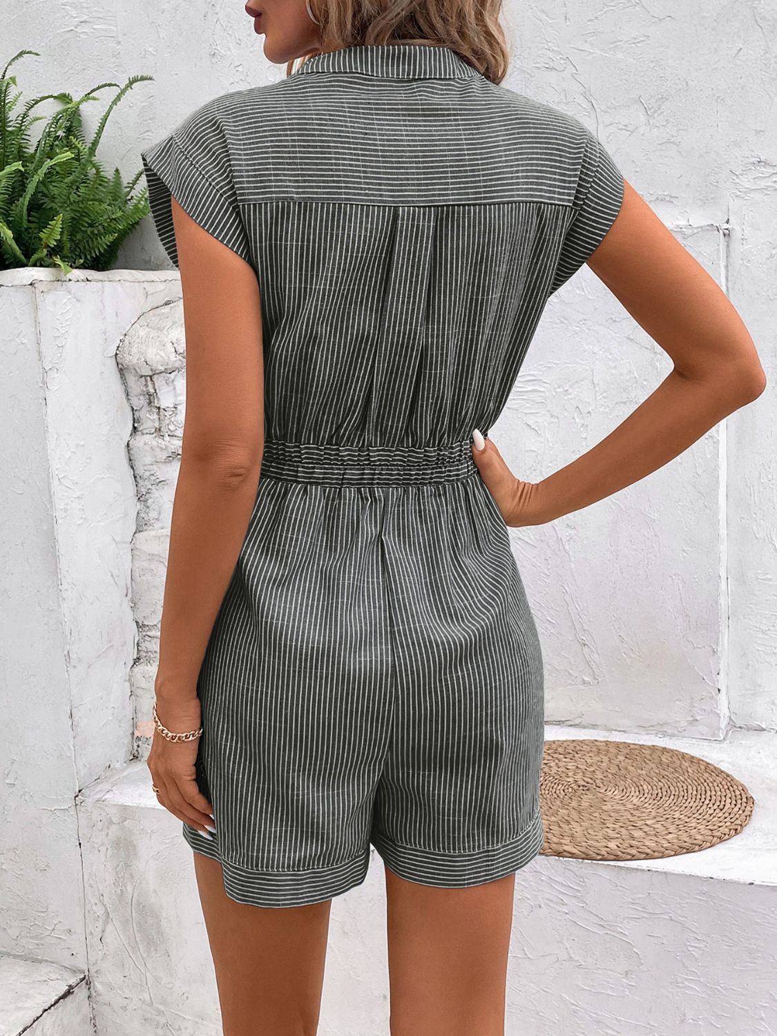 Striped Notched Tie Waist Romper (6 Colors) Outfit Sets Krazy Heart Designs Boutique   