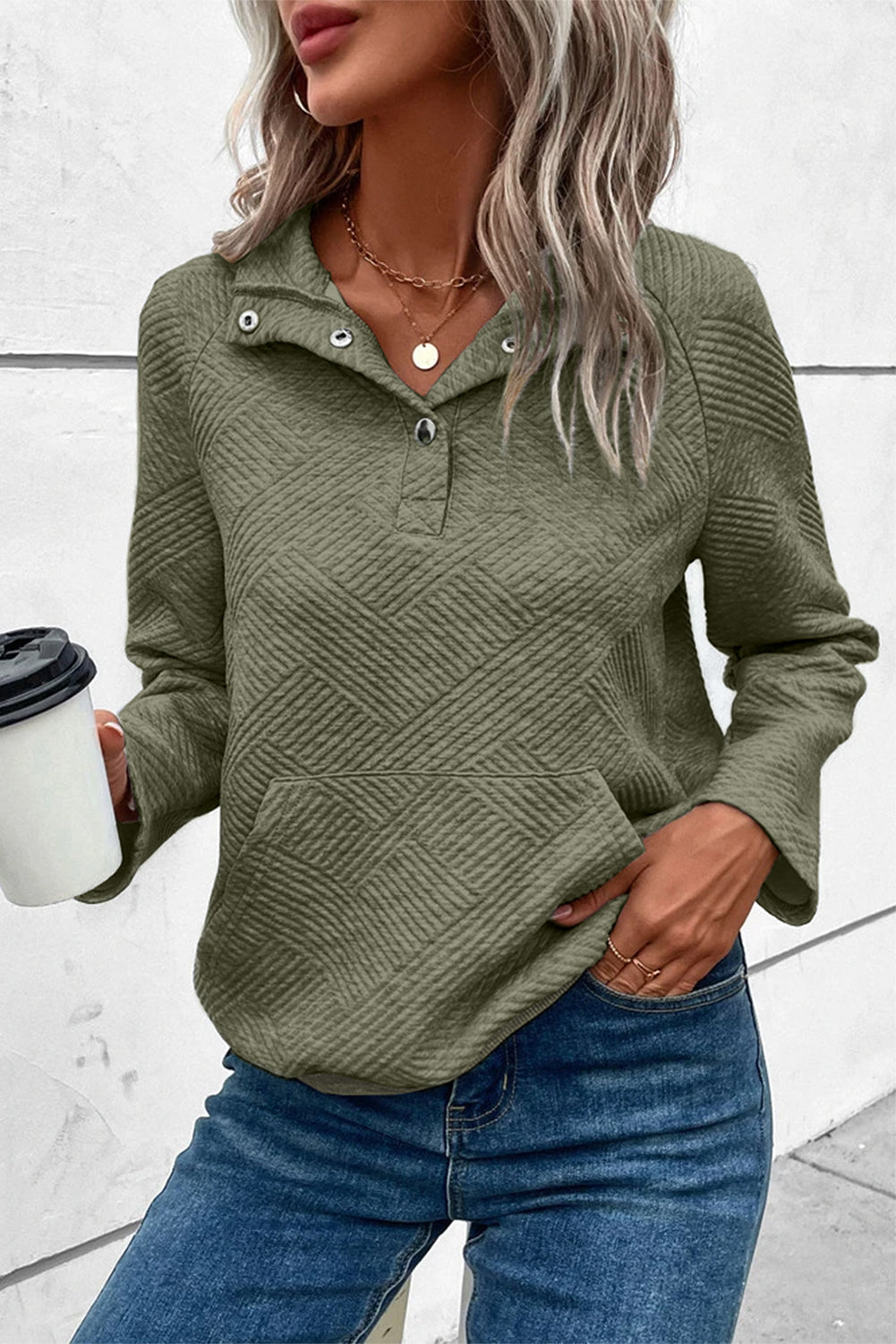Geometric Snap Button Long Sleeve Sweatshirt  Krazy Heart Designs Boutique Sage M 
