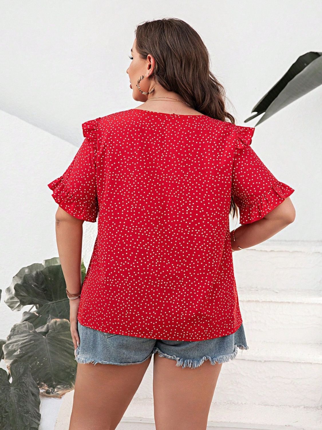 Plus Size Polka Dot Notched Flounce Sleeve Blouse Shirts & Tops Krazy Heart Designs Boutique   