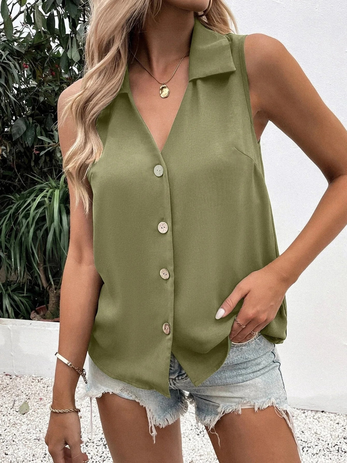 Johnny Collared Button Up Sleeveless Top Shirts & Tops Krazy Heart Designs Boutique Moss L