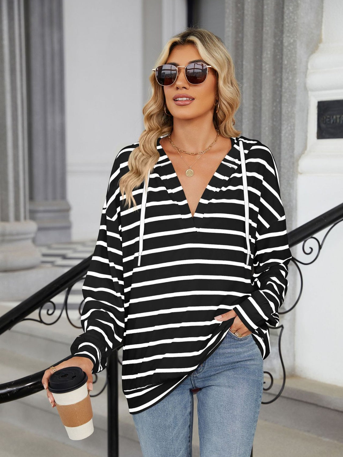 Drawstring Striped Long Sleeve Hoodie (5 Colors) Shirts & Tops Krazy Heart Designs Boutique Black S 