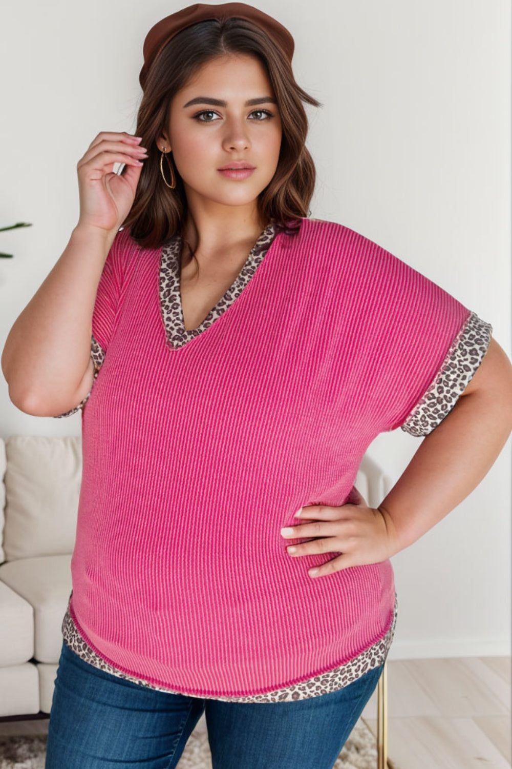 Plus Size Leopard V-Neck Short Sleeve Top Shirts & Tops Krazy Heart Designs Boutique   