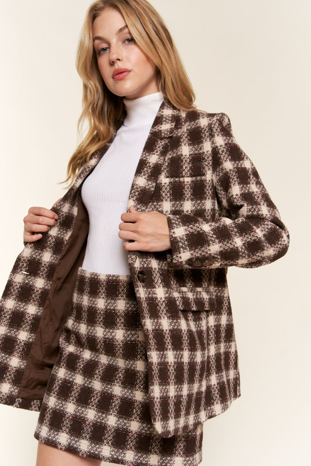 And The Why Full Size Plaid Brushed One Button Blazer Outfit Sets Krazy Heart Designs Boutique Brown S