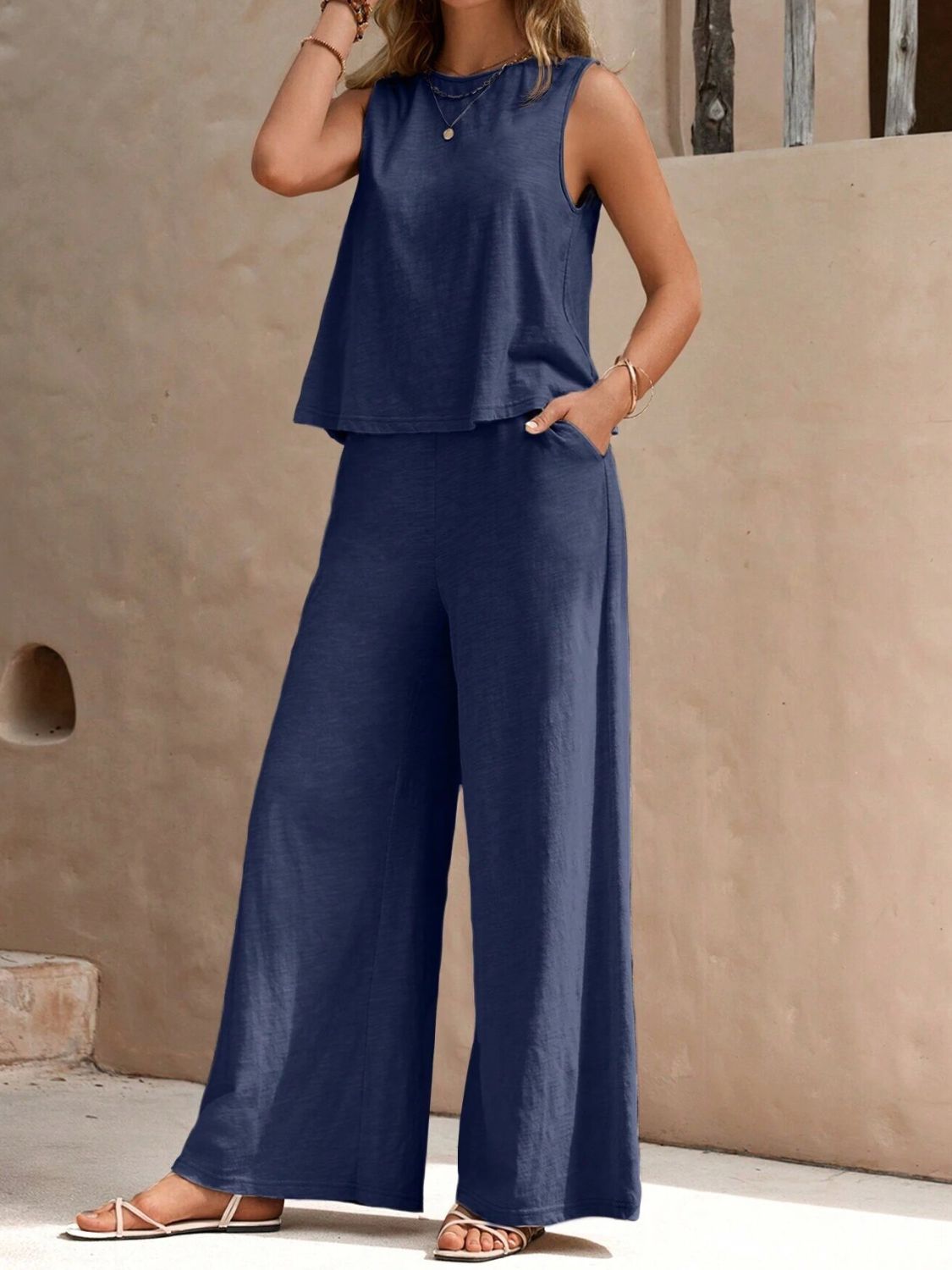 Round Neck Sleeveless Top and Wide Leg Pants Set (5 Colors) Outfit Sets Krazy Heart Designs Boutique Dusty Blue S