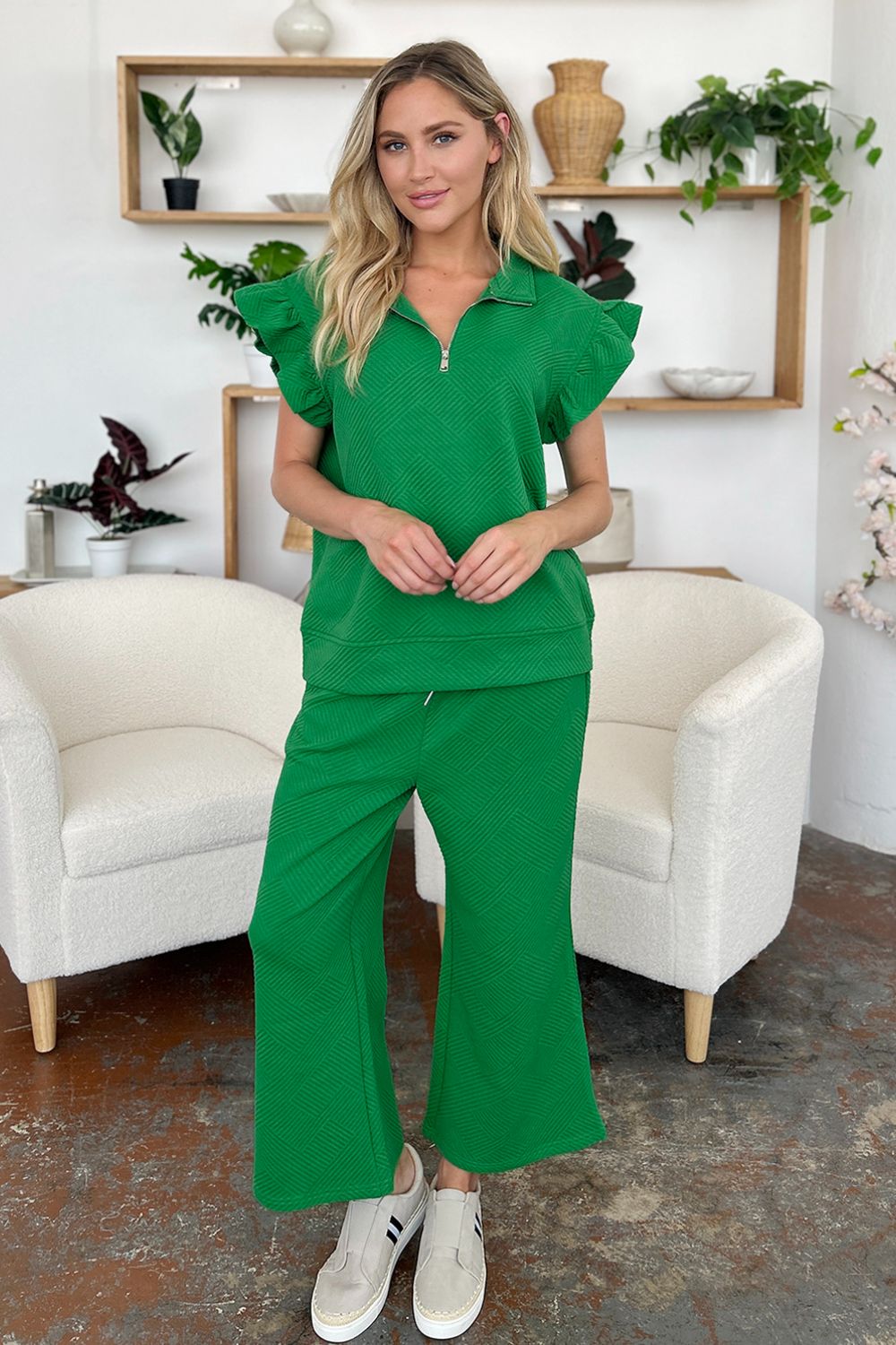 Double Take Texture Ruffle Short Sleeve Top and Drawstring Wide Leg Pants Set (12 Colors) pantsuit Krazy Heart Designs Boutique