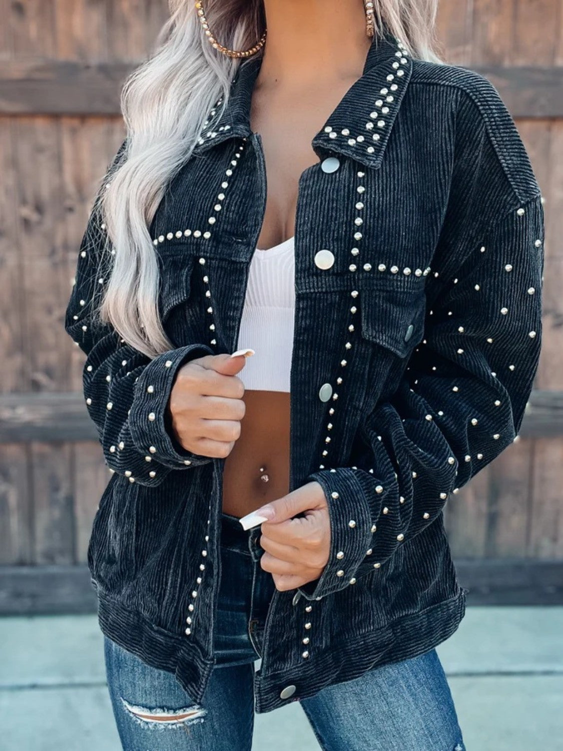 Boho Style Studded Collared Button Down Jacket (2 Colors) Cardigan Krazy Heart Designs Boutique Black S