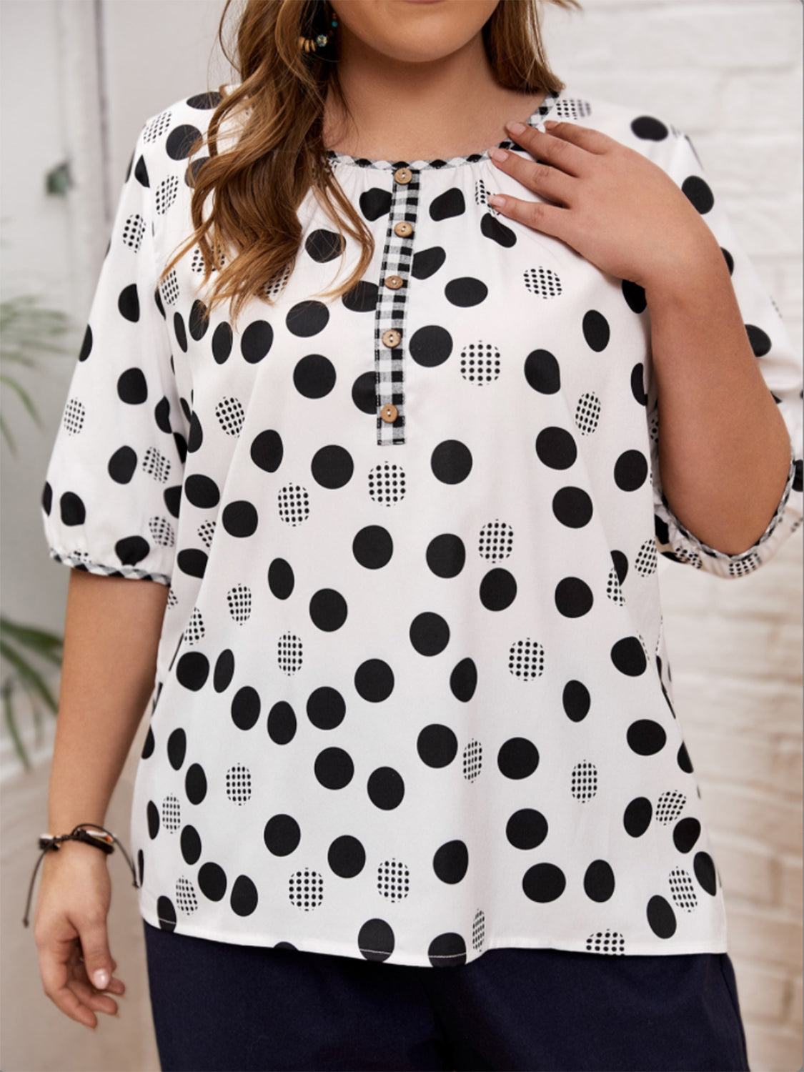 Plus Size Polka Dot Round Neck Half Sleeve Blouse Shirts & Tops Krazy Heart Designs Boutique White 1XL 