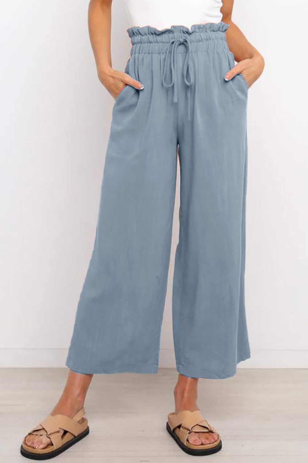 Drawstring Paperbag Waist Wide Leg Pants (6 Colors) pants Krazy Heart Designs Boutique Light Blue S