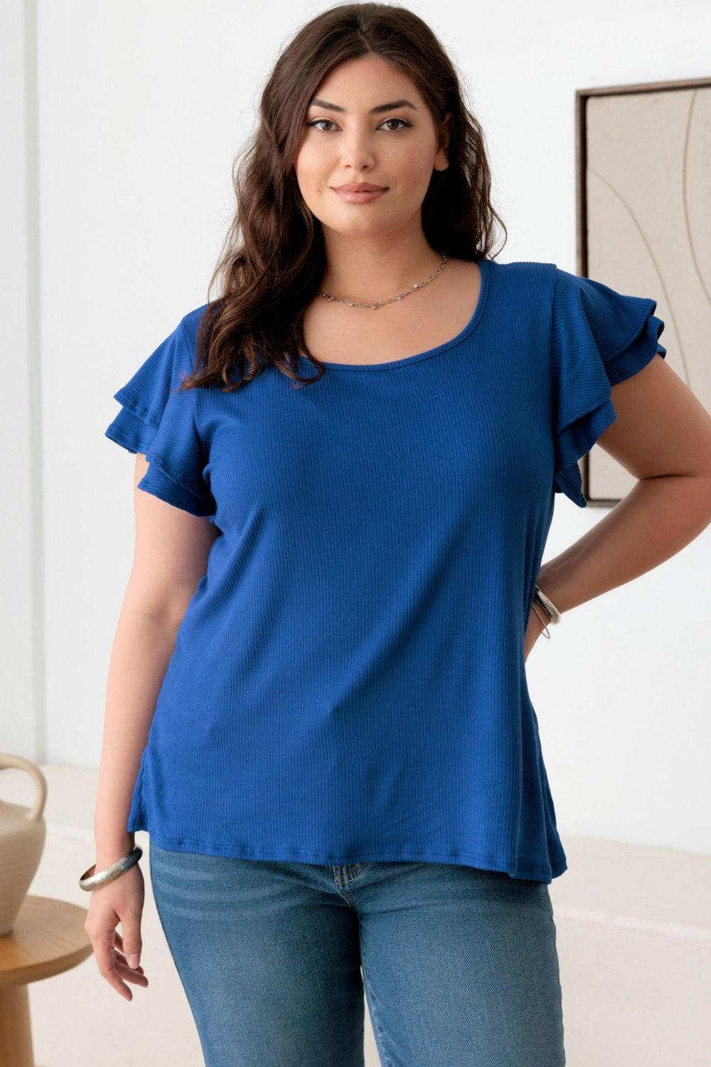 Gilli Plus Size Short Fluttery Sleeve Round Neck Top Shirts & Tops Krazy Heart Designs Boutique Royal Blue 1XL 