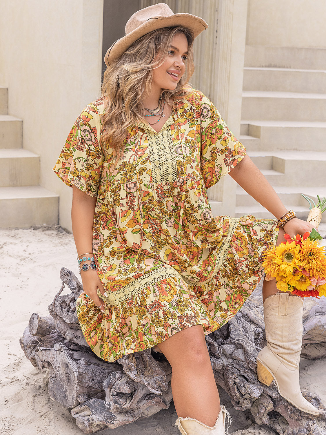 Plus Size Boho Printed Tie Neck Short Sleeve Mini Dress Dress Krazy Heart Designs Boutique
