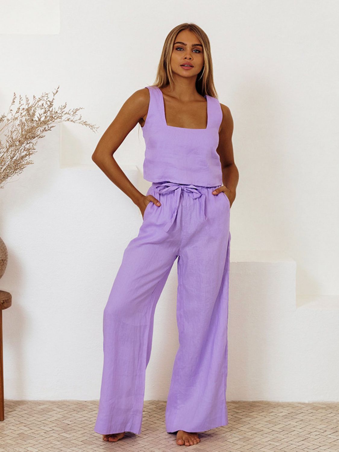 Square Neck Sleeveless Top and Pants Set (3 Colors) Outfit Sets Krazy Heart Designs Boutique Lavender S