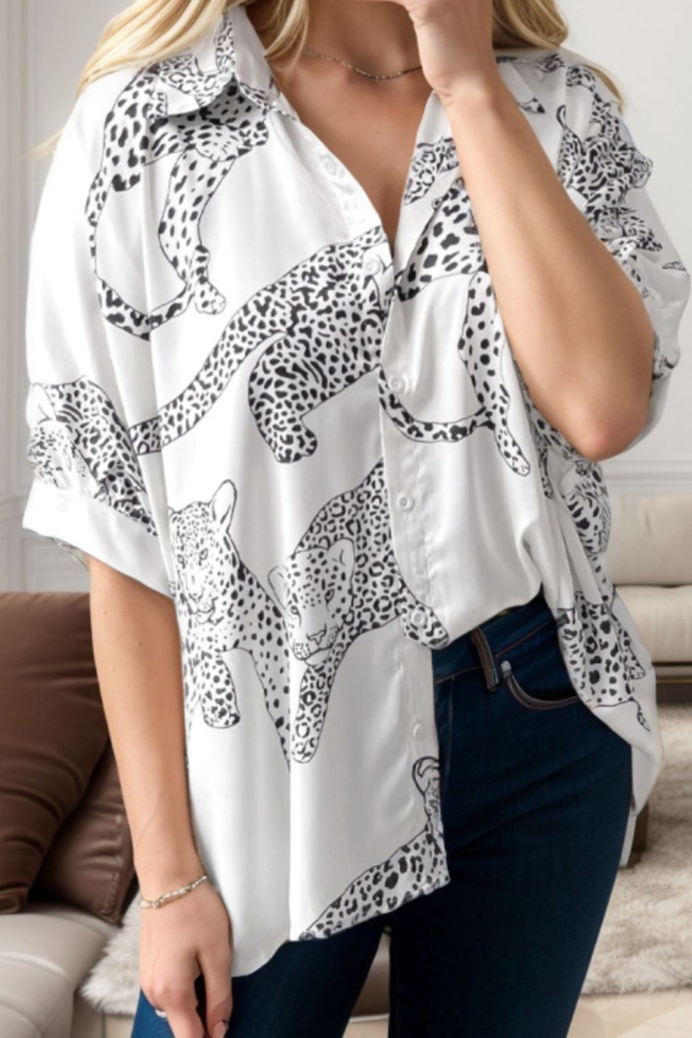 Cheetah Print Collared Neck Half Sleeve Shirt Shirts & Tops Krazy Heart Designs Boutique White S 