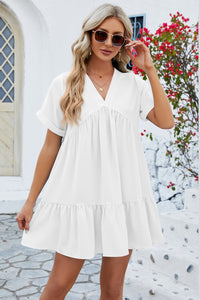 Ruched Tiered V-Neck Short Sleeve Mini Dress (5 Colors) Dress Krazy Heart Designs Boutique White S 