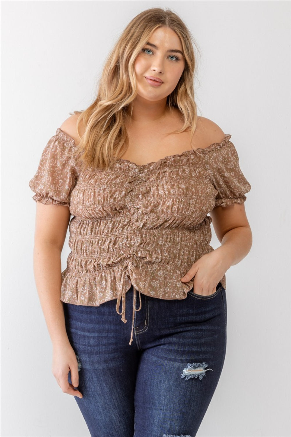 Zenobia Plus Size Frill Ruched Off-Shoulder Short Sleeve Blouse (2 Colors) Shirts & Tops Krazy Heart Designs Boutique Mocha 1XL 